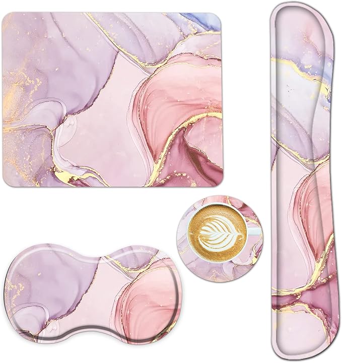 AIMSA Keyboard Wrist Rest Support + Mouse Pad + Mouse Wrist Rest + Coaster, Ergonomic Memory Foam Anti-Slip Rubber Base 4 PCS Set Easy Typing Pain Relief, Pink Purple Marble