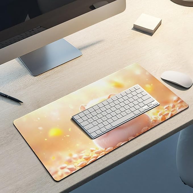 Large Ergonomic Gaming Mouse Pad Happy Hamster with Sunflower Seed - Cute Animal Theme with Non-Slip Base Water-Resistant Surface and Stitched Edges 30x60cm