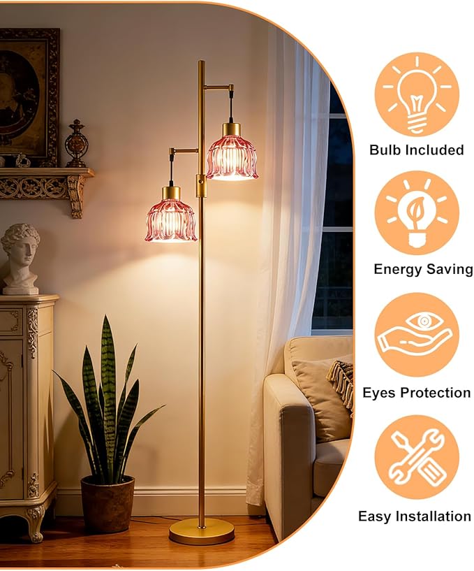 2-Light Gold Floor Lamp for Living Room, 65IN Tall Standing Lamps Dimmable with Rose Red Glass Lampshade, 3000K Warmwhite Mid Century Modern Floor Lamp for Bedroom/Office/Corner/Sofa Beside