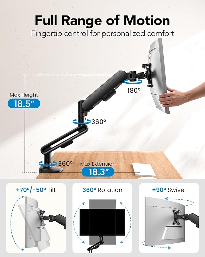 HUANUO Ultrawide Monitor Arm for 13 – 40" Screens, Single Monitor Mount Holds up to 26.4lbs, Adjustable Monitor Stand with C-Clamp & Grommet Base, VESA Mount 75x75mm/100x100mm
