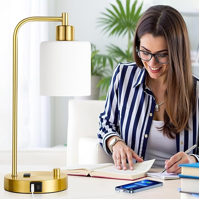 Lynnoland Set of 2 Industrial Table Lamps with USB C+A Ports and Outlet, Gold Fully Stepless Dimmable Bedside Lamps, Nightstand Lamp with Opal Glass Shade for Reading Office (2 LED Bulb)