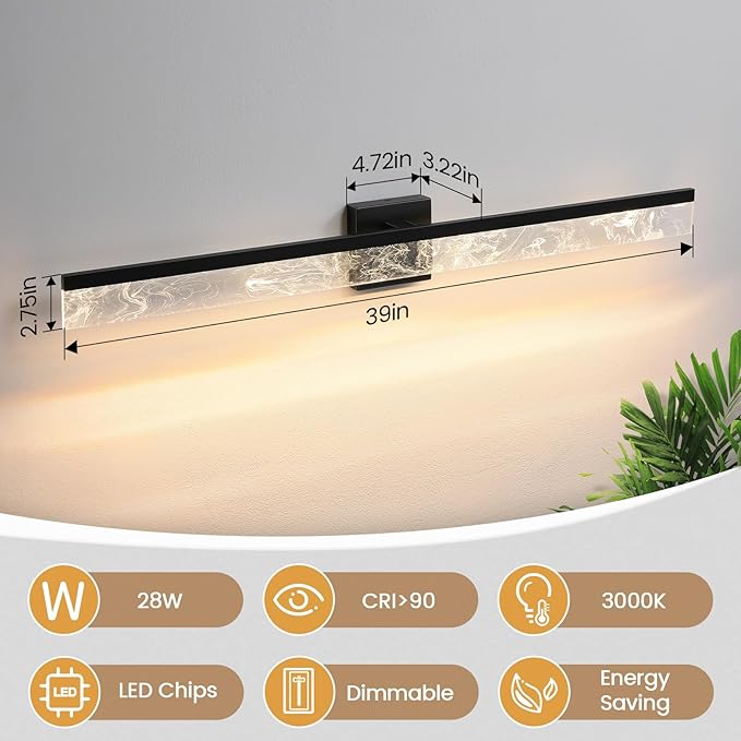 Bathroom Light Fixtures Over Mirror, 39 Inch Bathroom Vanity Light Black LED Vanity Light Bar, 28W Dimmable Modern Bath Vanity Lighting Fixtures Wall Mount 3000K