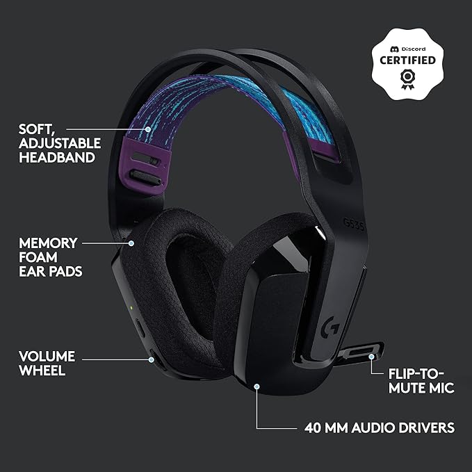 Logitech G535 Lightspeed Wireless Gaming Headset - Lightweight on-Ear Headphones, flip to Mute mic, Stereo, USB Rechargeable - Black