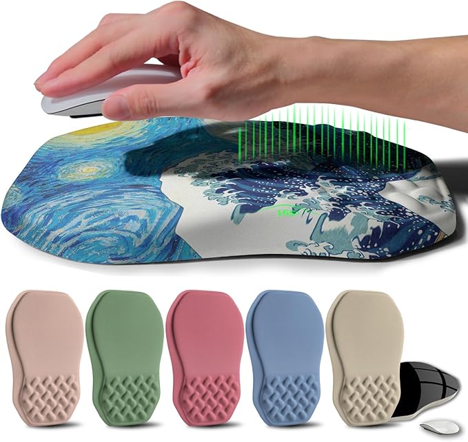 Ergonomic Raised Mouse Pad Wrist Support with Bilateral Slope Memory Foam Mousepad for Wrist Rest and Carpal Tunnel 11.8x7.9〃Starry Night Waves