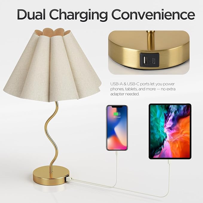 Touch Control Table Lamp with USB Ports, 27” Tall Gold Bedside Lamp with 3-Way Dimmable E26 Bulb, Fabric Shade & Curved Metal Stem, Modern Nightstand Lamp for Bedroom, Living Room, Office