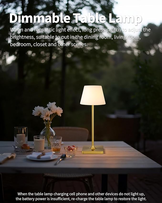 LED Cordless Table Lamp, 4000mAh Portable Rechargeable Battery Powered Dimmable Outdoor Waterproof Table Light, Touch Night Light for Bedroom, Bathroom, Restaurant, Garden 14.5"