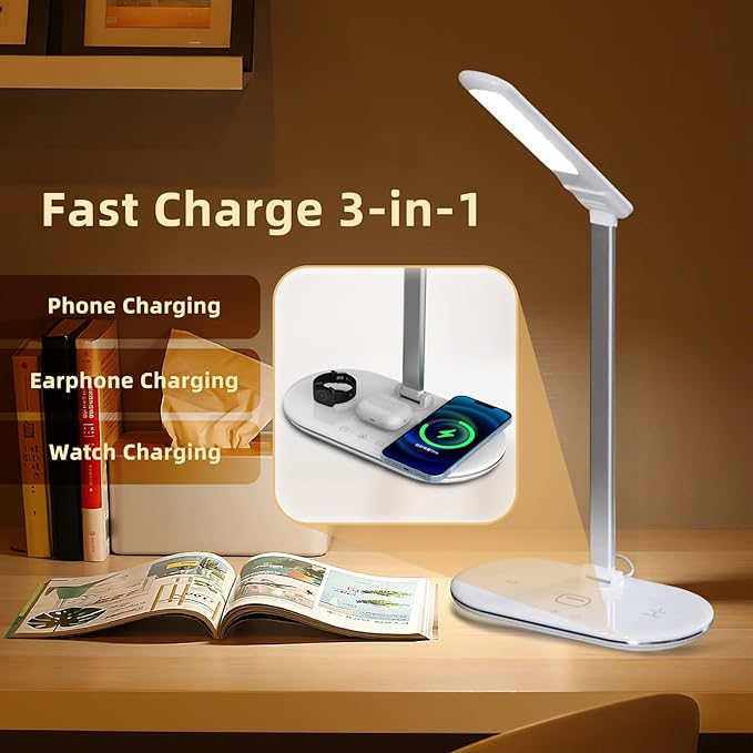 3-in-1 LED Desk Lamp with Chargers, 3 Lighting Modes, 5 Brightness Levels & Dimmable, Touch-Controlled Reading lamp for Home/Office, Foldable Table lamp for College Dorm Room