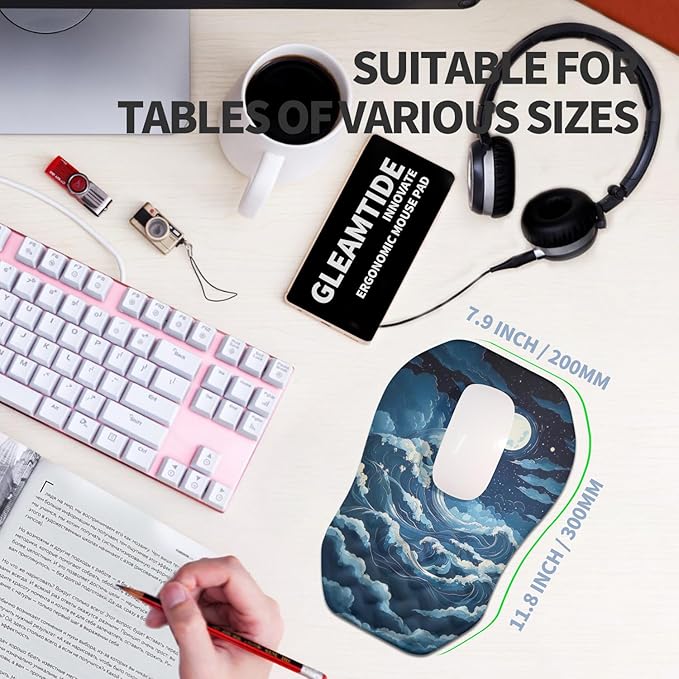 Ergonomic Raised Mouse Pad Wrist Support with Bilateral Slope Memory Foam Mousepad for Wrist Rest and Carpal Tunnel 11.8x7.9〃Indigo Fury Wave