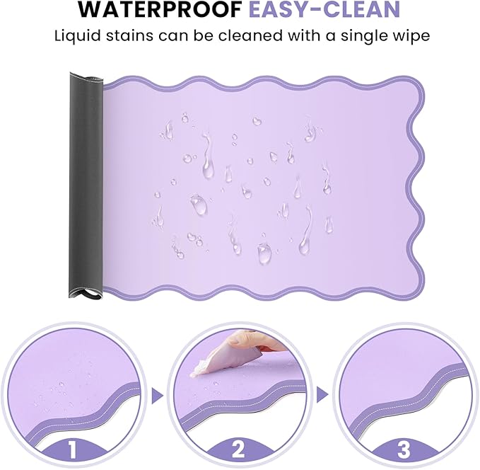 Leather Desk Mat, XXL Large 31.4x15.7in Scalloped Gaming Mouse pad，Non-Slip Rubber Base Keyboard Pad Mousepad for Laptop Computer Game Home Office，Waterproof and Oilproof Desktop Mat I Purple