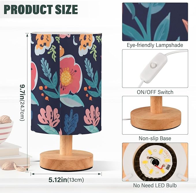 Colorful Floral LED Table Lamp, Bedside Lamp with Linen Lampshade, Flicker-Free Eye Care USB Plug in Nightstand Lamp, for Bedroom and Office