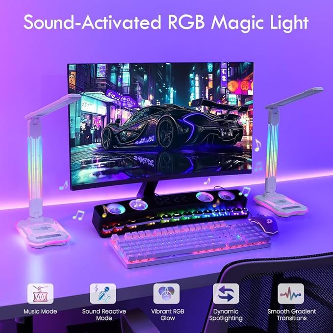WILIT Desk Lamp for College Dorm Room, RGB Gaming Desk Light with Wireless Charging & USB Port, Gamer lamp Sound Reactive,3 Color Modes 5 Brightness,Reading Lamp Touch Control for Home Office,Study