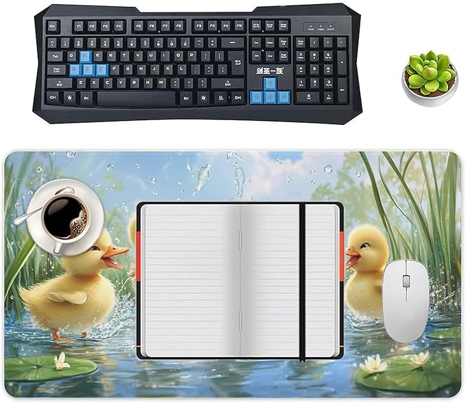 Large Ergonomic Gaming Mouse Pad Playful Ducklings in Pond - Cute Waterfowl Theme with Non-Slip Base Water-Resistant Surface and Stitched Edges 40X75cm