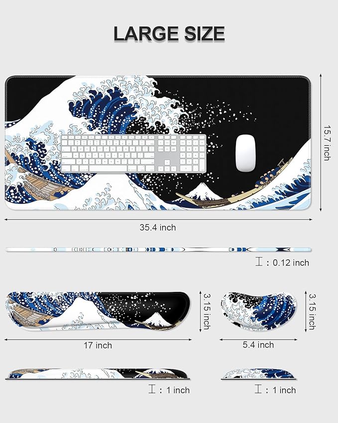 Auhoahsil Large Mouse Pad with Wrist Rests for Keyboard & Mouse, Thick Soft Ergonomic Memory Foam Wrist Supports, Big & Long Desk Mat 35.5 x 15.7 in, for Office Gaming Computer, Great Wave