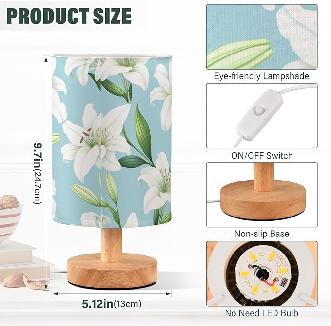White Lily LED Table Lamp, Bedside Lamp with Linen Lampshade, Flicker-Free Eye Care USB Plug in Nightstand Lamp, for Bedroom and Office
