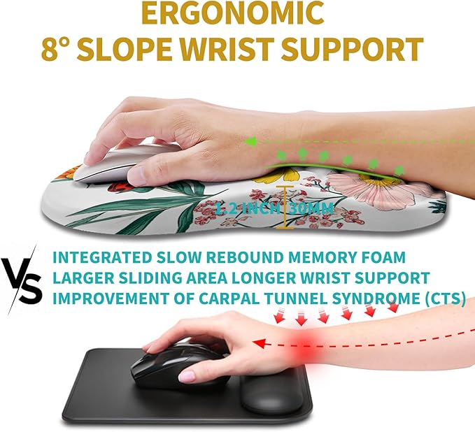 Hokafenle Ergonomic Mouse Pad Wrist Support, Wrist Rest Mousepad for Carpal Tunnel with Integrated Memory Foam Slope Massage Bulge (11.8x7.9 inch,Flowers and Ladybugs)