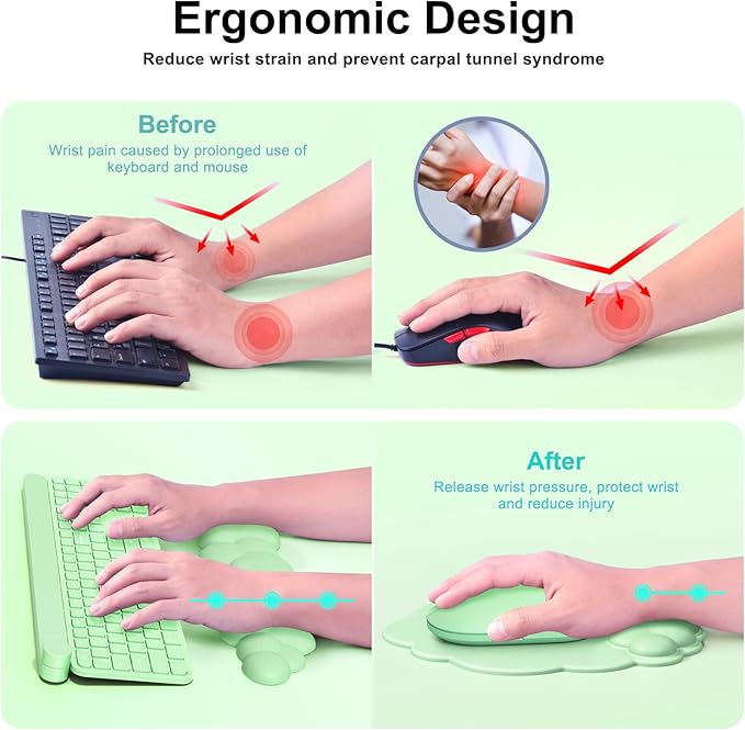 Cloud Mouse Pad with Wrist Rest, Cloud Keyboard Wrist Rest, Mouse Pad Wrist Support, Ergonomic Keyboard Mouse Wrist Support (Green)