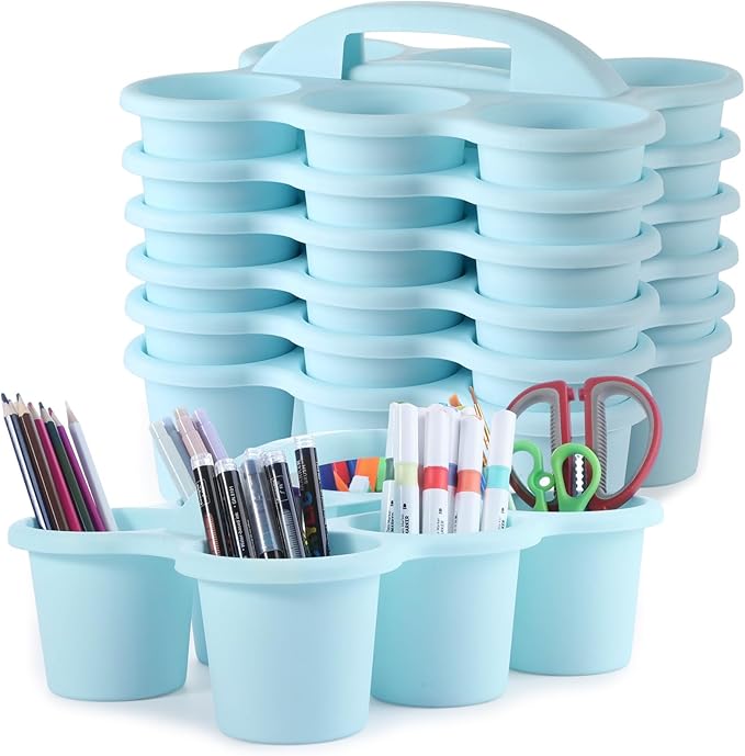 6 Pack Classroom Caddy with Handle Plastic Storage Caddy Organizer with 6 Compartments Drink Cup Caddies Holder Portable Storage Bin for Pencil, Crayon, Marker, Home Office School Supplies(Light Blue)