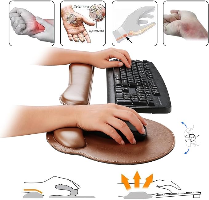 RICHEN Ergonomic PU Leather Keyboard Wrist Rest and Mouse Pad with Wrist Support, Memory Foam Set for Computer/Laptop,Gaming and Office, Comfortable for Easy Typing (PU Brown)