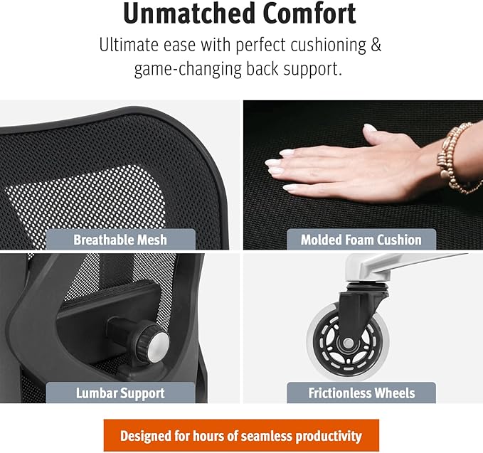 Duramont Ergonomic Office Chair with Rollerblade Wheels - High Back Breathable Mesh Desk Chair, 4D Lumbar Support, Memory Foam Seat, Adjustable Headrest and Armrests, Reclines, Black