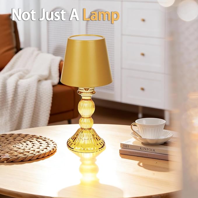 MJ PREMIER Cordless Table Lamp, Small Rechargeable Lamp with Touch Control, 9.5" H, 3 Color Stepless Dimming Battery Operated Lamps for Bedroom/Living Room/Bathroom/Kitchen/Corner/Entryway (Yellow)
