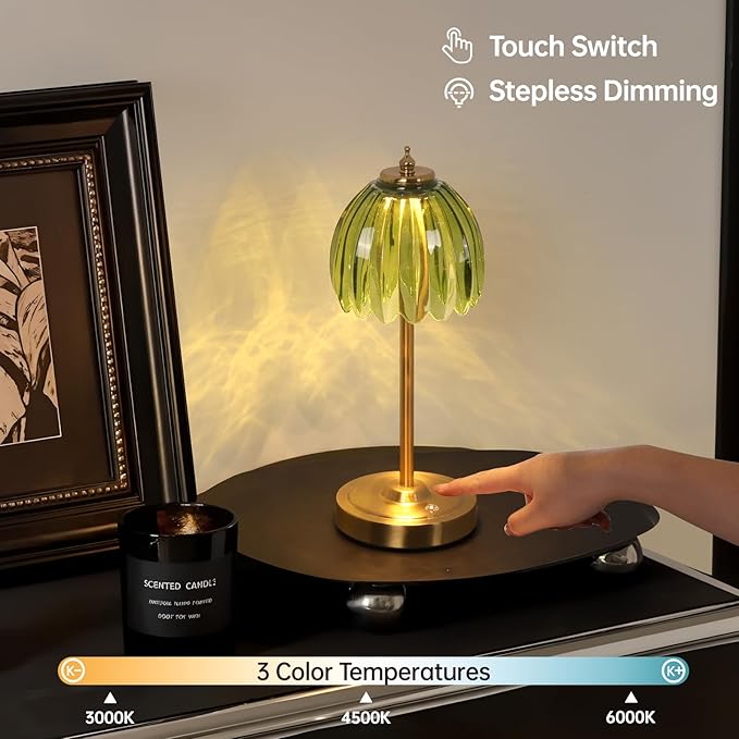 Tulip Table Lamp with 5000mAh Battery & Touch Control, Cordless Table Lamp with 3 Colors, Dimmable Rechargeable Table Lamps for Bedroom, Nightstand, Living Room, Entryways (Green Tulip)