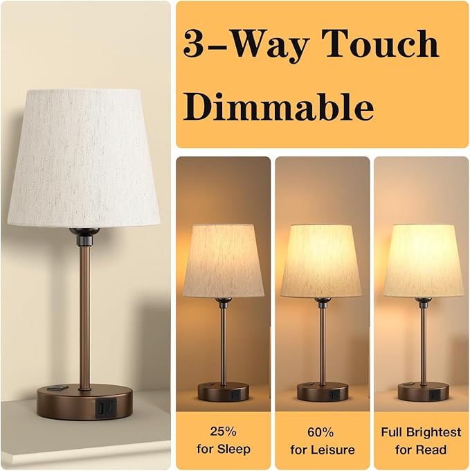 Acaxin Brown Bedside Lamps for bedrooms Set of 2 - Nightstand Bedroom Lamp with USB C Port and AC Outlet Charging, 3 Way Dimmable Touch Control Small Bed Side Table Lamp, Nightstand Light for Kids