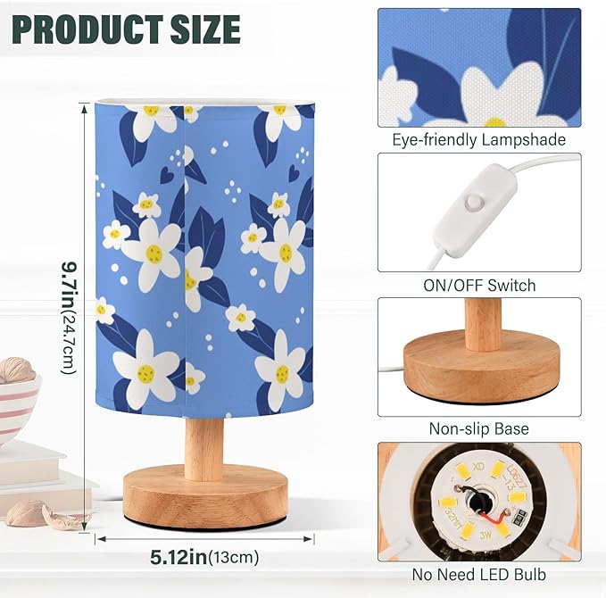 Blue Floral LED Table Lamp, Bedside Lamp with Linen Lampshade, Flicker-Free Eye Care USB Plug in Nightstand Lamp, for Bedroom and Office
