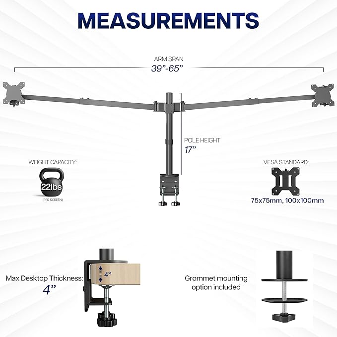 VIVO Premium Dual Ultra Wide LCD LED 40 to 45 inch Monitor Desk Mount, Heavy Duty, Adjustable Telescoping Arms, Flush Wall Setup, Fits 2 Screens, Black, STAND-TS45C