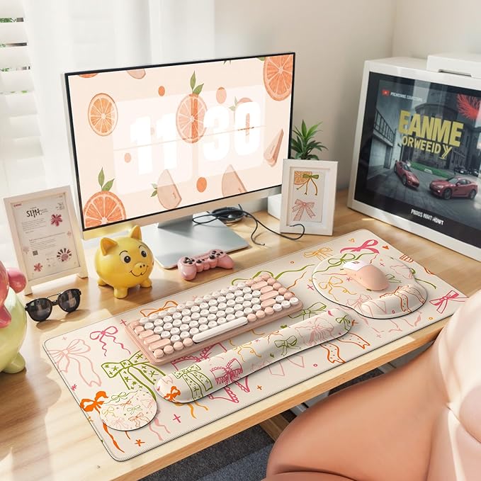 iLeadon Desk Protector Mat, Non Slip Long Mouse Pad and Keyboard Wrist Rest, Carpal Tunnel Mouse Pad and Computer Wrist Support, Soft Ergonomic Keyboard Pad with Wrist Support for Women Office (Bow)