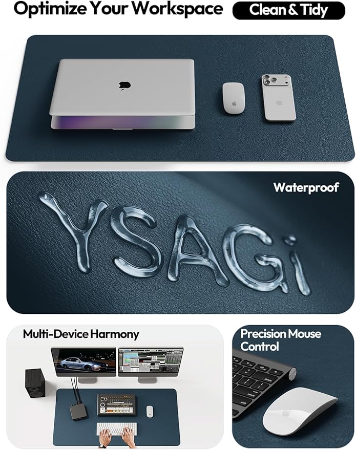YSAGi Leather Desk Protector, Office Mat, Large Mouse Mat, Non-Slip PU Leather Blotter, Laptop Desk Mat, Waterproof Writing Pad for Office and Home (Dark Blue, 23.6" x 13.8")