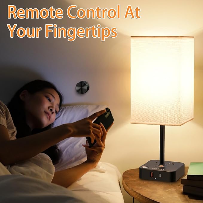 COZOO Bedroom Table Lamp with Remote Operation Control,Dimmable Bedside Table Desk Lamp with USB C+A Charging Ports 2 AC Outlets,Nightstand Lamp White Shade Lamp for Living Room,Dorm,Home Office,Decor