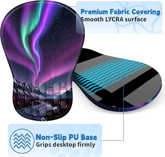 YIWEI Ergonomic Mouse Pad with Wrist Support - Gel Memory Foam Mouse Mat for Computer Keyboard & Laptop - Non-Slip Base, for Home Office & Gaming - Aurora/Northern Lights