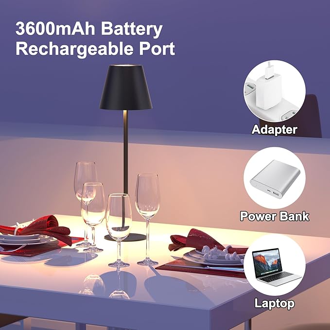ORALUCE Cordless Table Lamp Rechargeable, Battery Operated LED Desk Lamp with USB Type-C Charging Port, 3 Color Stepless Dimming LED Lamp for Bedroom/Restaurant/Party/Coffee Shop/Camping/Bars, 2 Pack