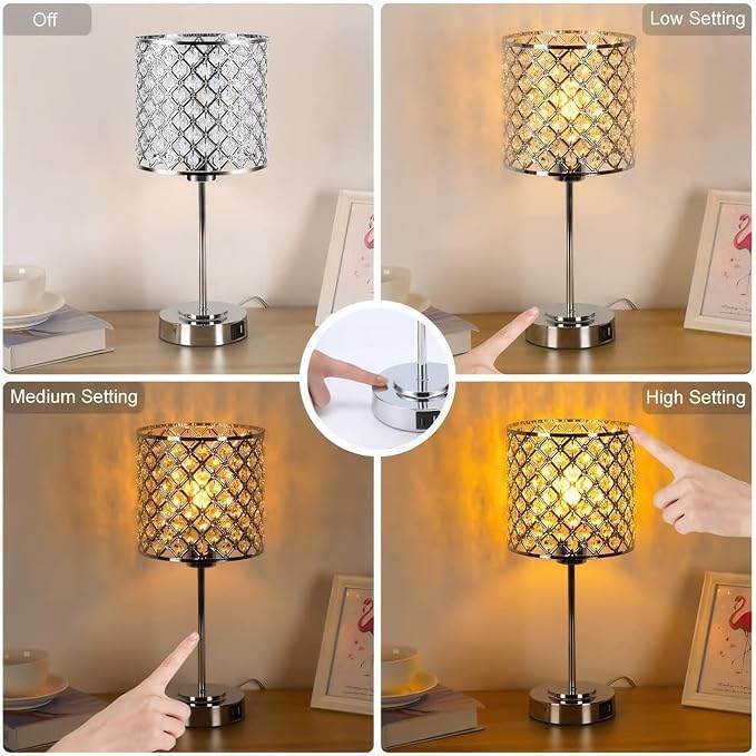 GyroVu Crystal Table Lamp for Bedroom Living Room, Touch Control Bedside Lamp with USB C+A Ports - Dimmable Nightstand Lamp Modern Light, Bulb Included