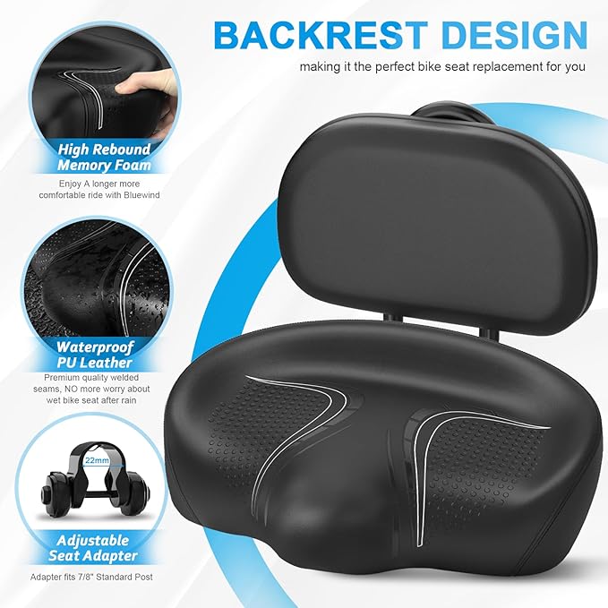BLUEWIND New Noseless Oversized Bike Seat, Wide Bicycle Saddle Novel Backrest Design for Electric Bike, Universal Fit Exercise Bike or Road Stationary Bike Seat Cushion for Men & Women