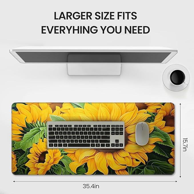 XXL Large Gaming Mouse Pad, 35.4 x 15.7 inches, with Non Slip Rubber Base, Extended Keyboard Pad for Home Computer Office Workstations, Large Laptop Mouse Pads Sunflower