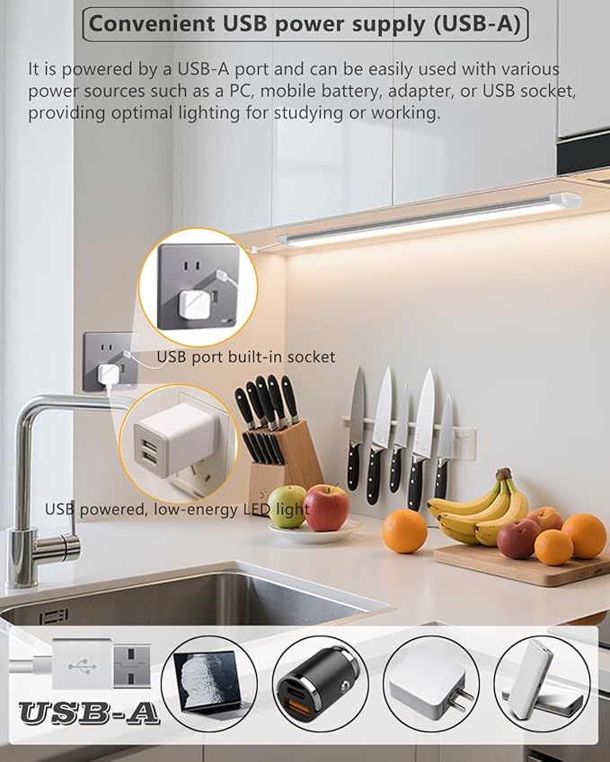 Strip Lights 11.8In Closet Lights, 9W 58 LED Super Bright, Dimming and Color Adjustment，USB Powered LED Light Bar for Room Under Counter Lighting Work Tables Student Dormitory Monitor Light