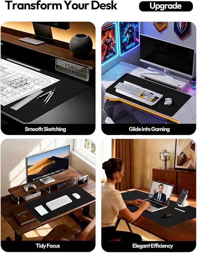 YSAGi Leather Desk Protector, Office Mat, Large Mouse Mat, Non-Slip PU Leather Blotter, Laptop Desk Mat, Waterproof Writing Pad for Office and Home (Black, 31.5" x 15.8")