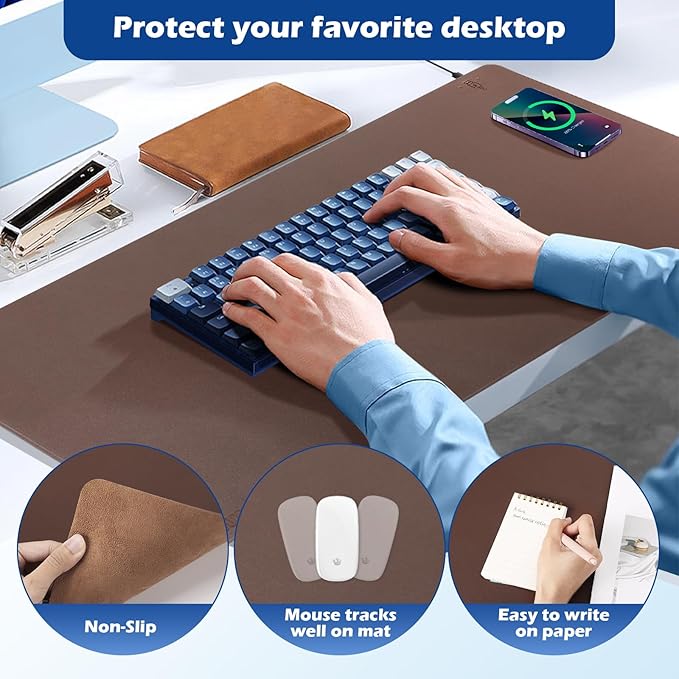 Wireless Charging Desk Mat with Desk Pad for Desktop Charging Large Mouse Pad Waterproof Leather Computer Mat Mouse Pad Non-Slip Protector on Top of Desks for Keyboard and Mouse (brown-r, 32*16inch)