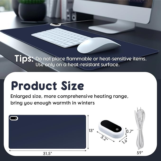 Konohan Heated Desk Pad Warm Mouse Pad, 5 Heating Level & 4 Hour Auto Shut-Off, PU Leather Warm Mouse Mat Heating Keyboard Gaming Mice Warmer Mat Only Supports 110v(Dark Blue Color,31.5" X 13")