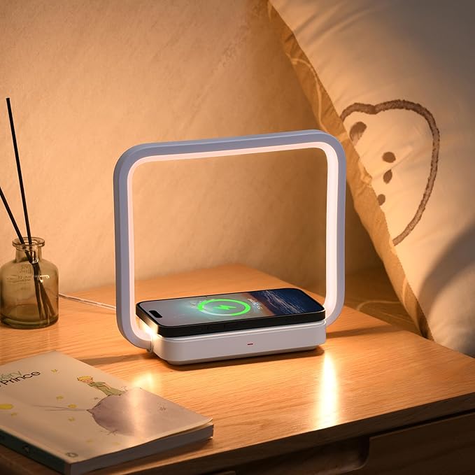 Besides Lamp with Wireless Charging, Table Lamp Touch Control with 10W Fast Charger, Nightstand Lamp with 3-Level Adjustable Brightness, 180° Foldable Arm, Modern Nightlight for Bedroom,Dorm Gift