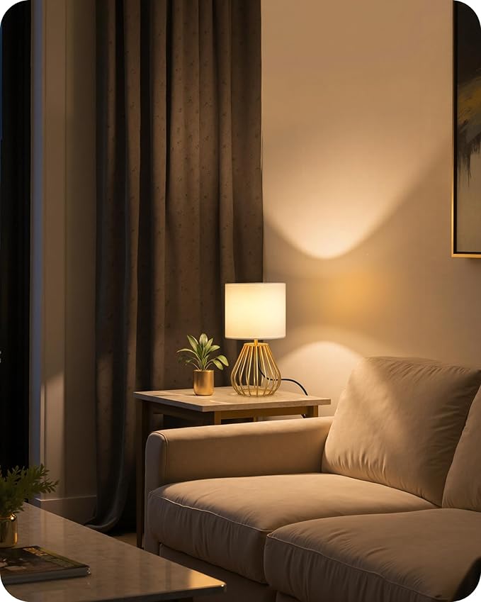 Gold Table Lamp, Small Gold Bedside Lamp with Metal Base & White Linen Lampshade, Modern Nightstand Lamp, Little Cute Desk Lamp for Bedroom, Living Room, 2700K LED Bulb Included, DCW06TL05