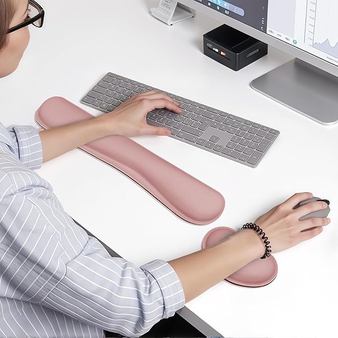 Wrist Rest for Computer Keyboard and Mouse, Ergonomic Design Wrist Support Pad for Keyboard, Soft Memory Foam Desk Pads Support Hand and Arm Easy Typing & Comfort, 2 Piece Pad, Pink