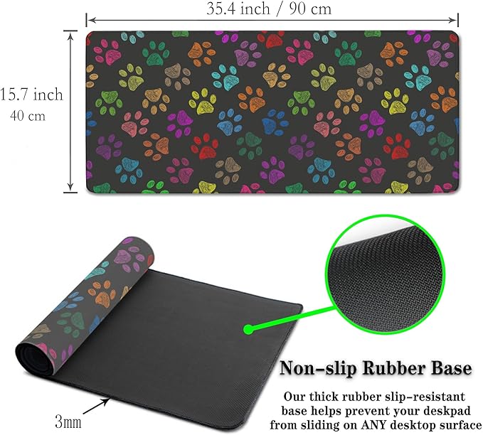 Desktop Mat Black, XXL Mouse Pads Pc Mouse Pad, Mat Mouse Pad Non-Slip Rubber Base Waterproof with Stitched Edges, 35.4 X 15.7 inch for Work/Game/Office/Home Colorful Animal Pets Dog Paw