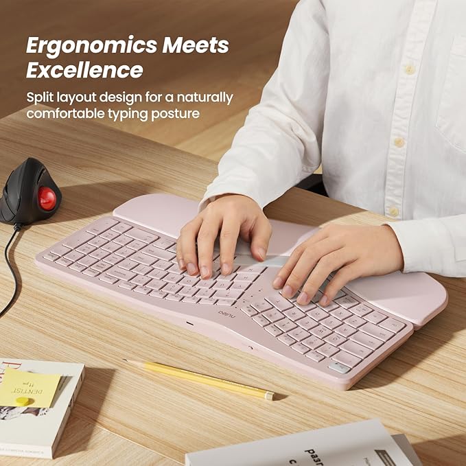 Nulea Wireless Ergonomic Keyboard, Split Keyboard with Cushioned Wrist Rest, Bluetooth and USB Connectivity, USB-C Rechargeable, Compatible with Windows Mac (Grey Pink)