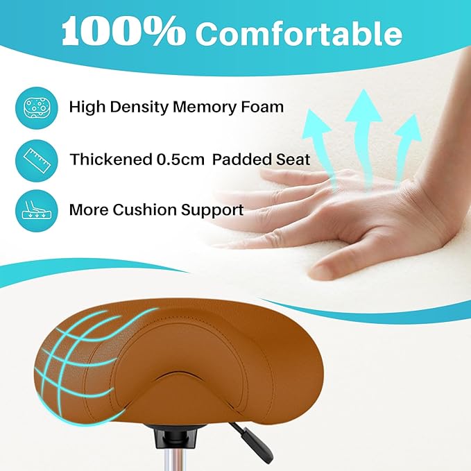 YEEZEE Saddle Stool Ergonomic- Comfortable Rolling Saddle Stool with Wide Thick Saddle Seat Padding, Swivel Adjustable Saddle Chair with Wheels and Ring Pedal for Medical Massage Salon (Brown)