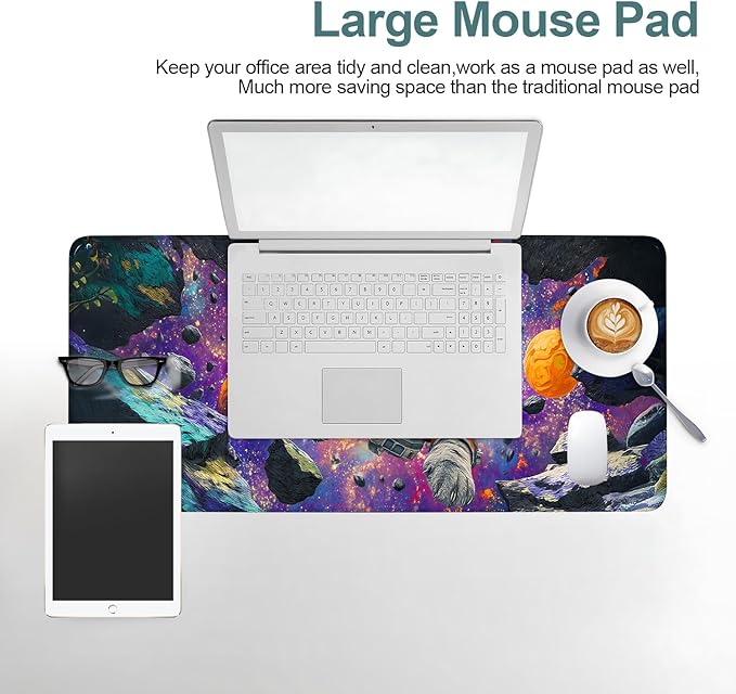 Cat Astronaut Extended Gaming Mouse Pad 31.5x11.8inches Large Desk Mat Anti-Slip Rubber Base & Durable Stitched Edges for Gamers Smooth Mouse Writing Surface for Desk Office/Home