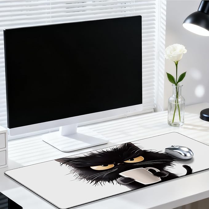 Large Mouse Pad 35.4x15.7 Inch Black Cat with Coffee Gaming Desk Mat with Non-Slip Rubber Base, Stitched Edges for Gaming,Office
