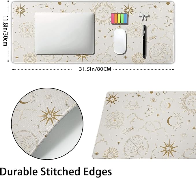 aportt Boho Chic Sun Moon Large Mouse Pad XL Magic Mystical Galaxy Stars Clouds Extended Large Desk Mat Big White Desk Pad 80X30 CM Non-Slip Rubber Base Stitched Edge Long Mousepad,31.5×11.8 Inch
