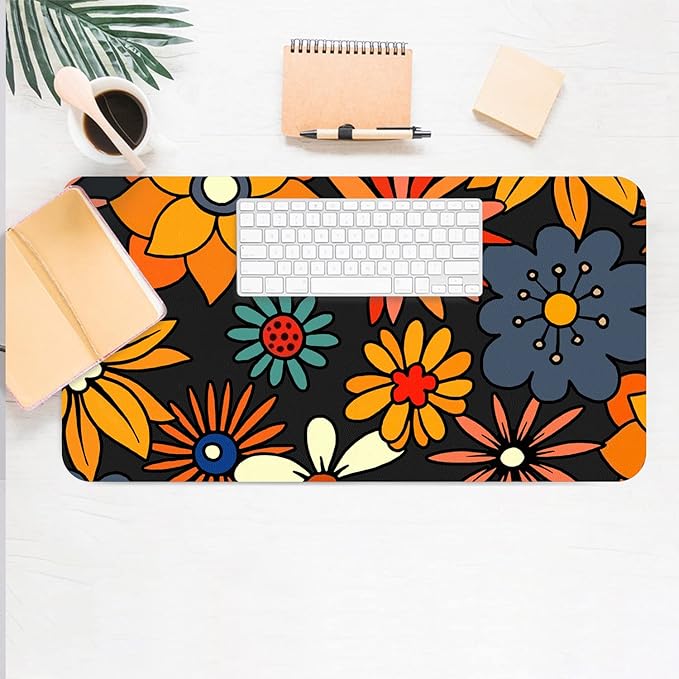 Desk Mat Large Protector Pad 27.5" ×13.8", Non-Slip PU Leather Desk Blotter, Waterproof Mouse Pad for Office Home Retro Flower